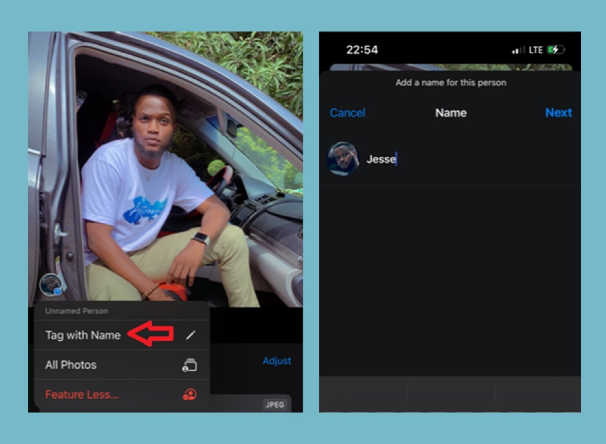 Enter name tag on iPhone photos in the Photos App