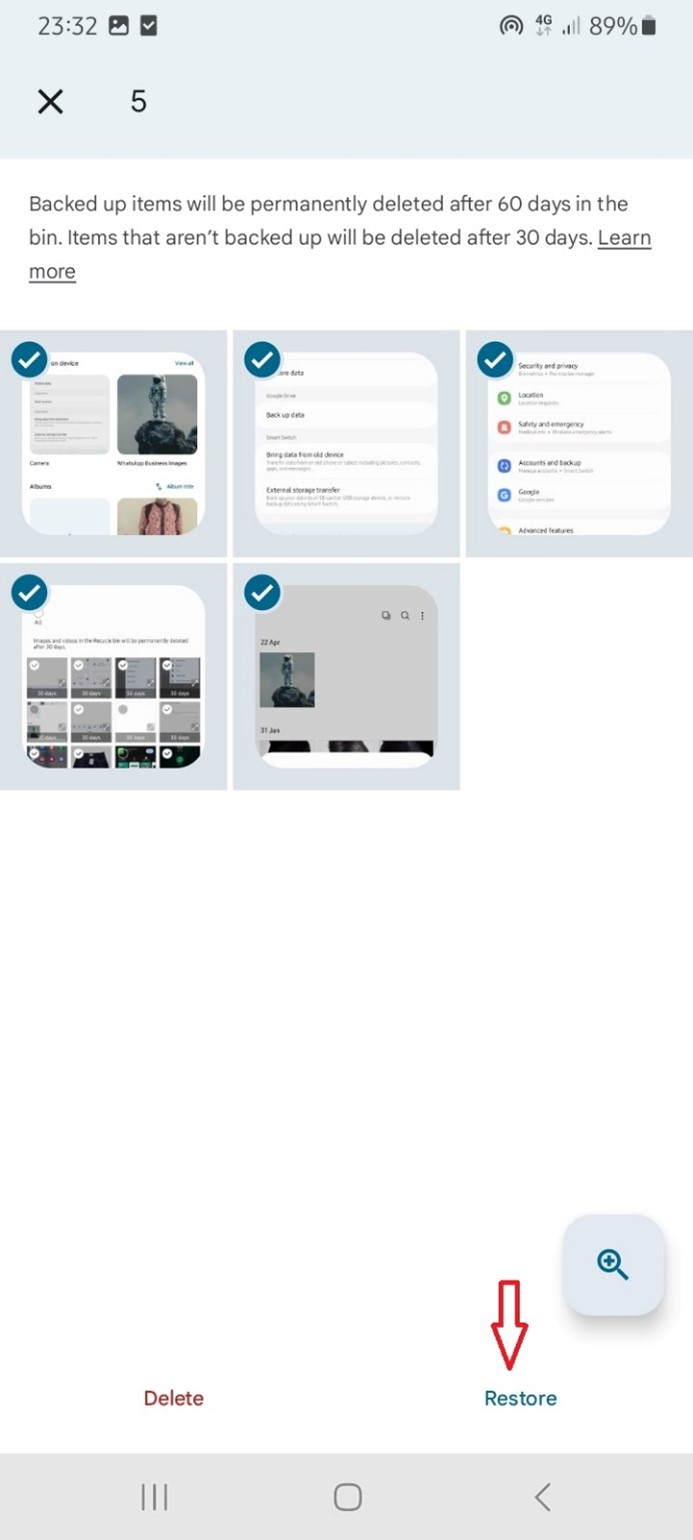 click restore to recover deleted photos on samsung