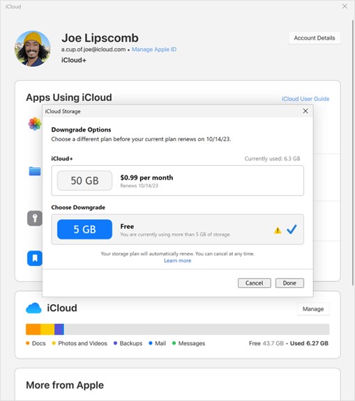 how to cancel subscription to icloud storage from windows pc